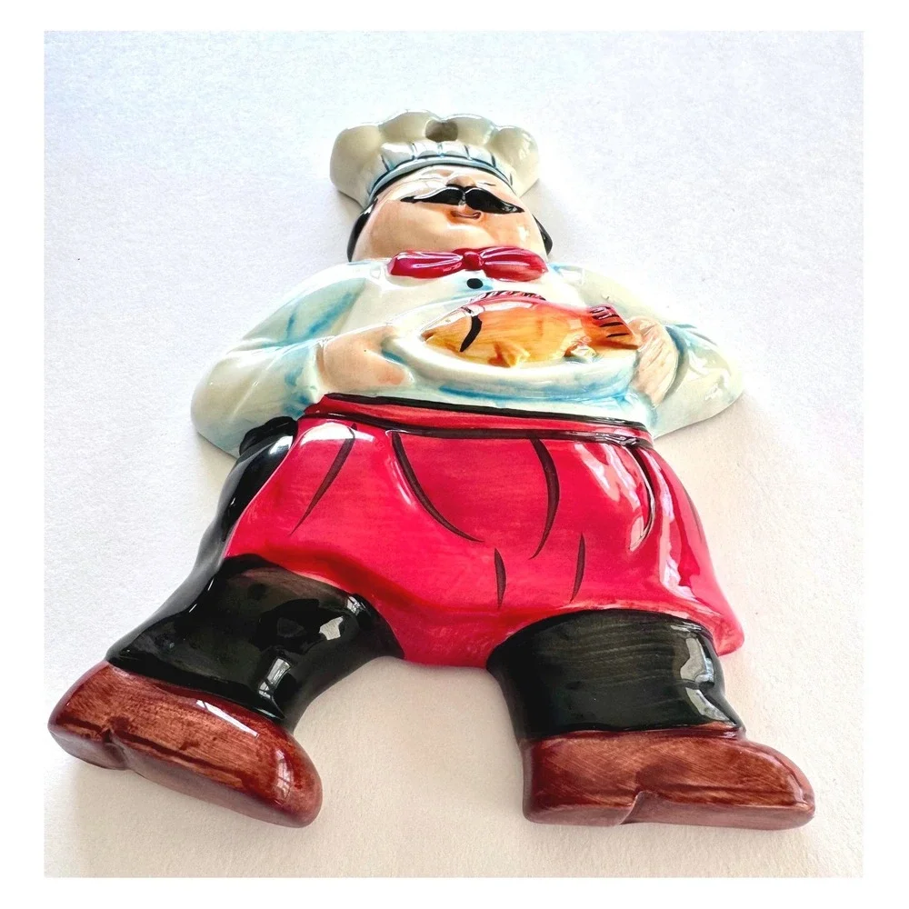 Vintage Hand-Painted Fat Chef Figurine Bistro Wall Plaque‎ Kitchen Decor